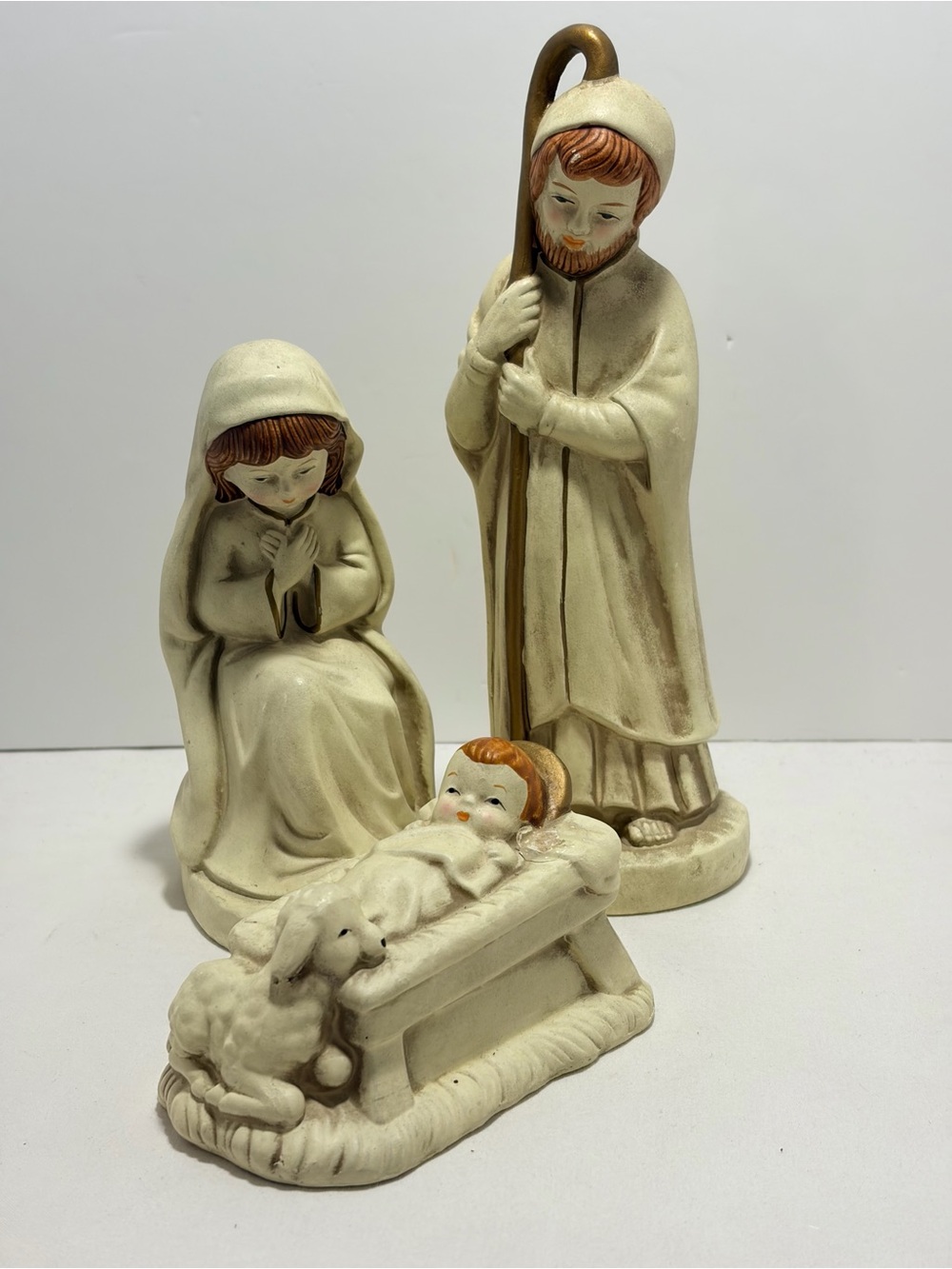 Vintage Three-Piece Lund’s Lites Ceramic Nativity Set Mary Joseph Jesus